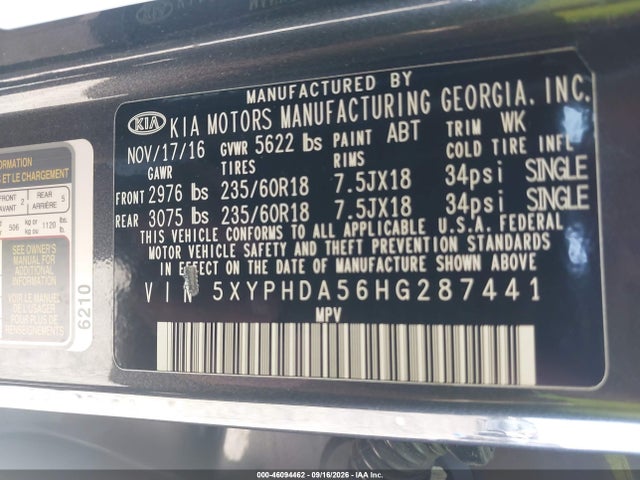 Aukcja sprzedaży 2017 Kia Sorento 3.3l Ex, vin: 5XYPHDA56HG287441, numer aukcji: 46094462