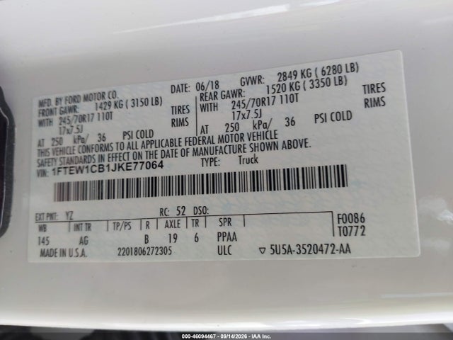 46094467 :رقم المزاد ، 1FTEW1CB1JKE77064 vin ، 2018 Ford F-150 Xl مزاد بيع