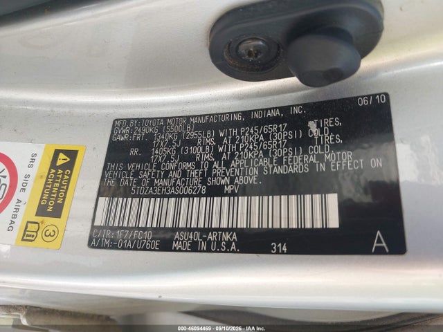 Aukcja sprzedaży 2010 Toyota Highlander, vin: 5TDZA3EH3AS006278, numer aukcji: 46094469