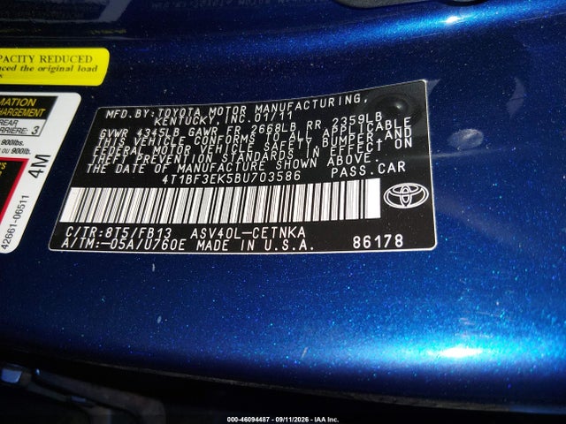 Aukcja sprzedaży 2011 Toyota Camry, vin: 4T1BF3EK5BU703586, numer aukcji: 46094487
