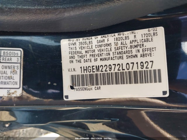 Продаж на аукціоні авто 2002 Honda Civic Ex, vin: 1HGEM22972L071927, номер лоту: 46094490