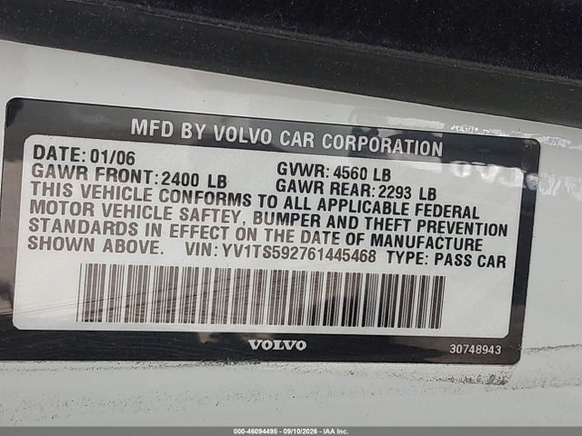 2006 Volvo S80 2.5t მანქანა იყიდება აუქციონზე, vin: YV1TS592761445468, აუქციონის ნომერი: 46094495