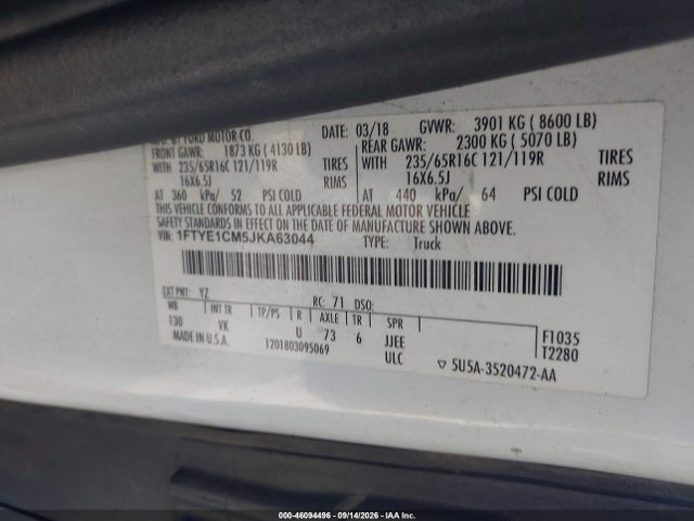 Продажа на аукционе авто 2018 Ford Transit-150, vin: 1FTYE1CM5JKA63044, номер лота: 46094496