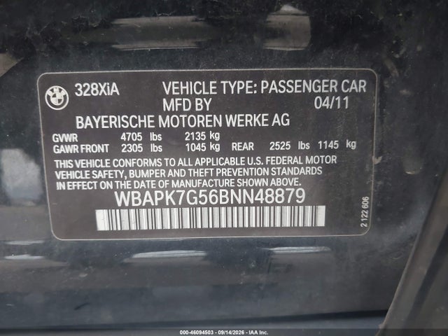 2011 Bmw 328i Xdrive მანქანა იყიდება აუქციონზე, vin: WBAPK7G56BNN48879, აუქციონის ნომერი: 46094503
