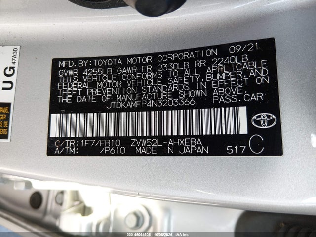 Продаж на аукціоні авто 2022 Toyota Prius Prime Le, vin: JTDKAMFP4N3203366, номер лоту: 46094505