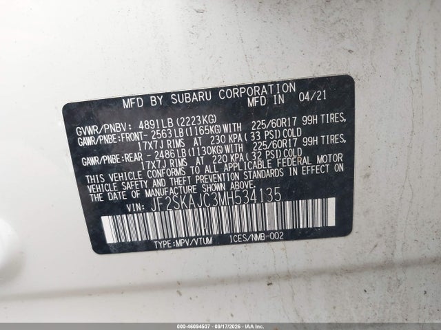 Продаж на аукціоні авто 2021 Subaru Forester Premium, vin: JF2SKAJC3MH534135, номер лоту: 46094507