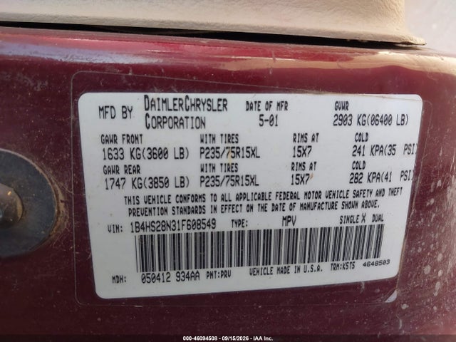 46094508 :رقم المزاد ، 1B4HS28N31F608549 vin ، 2001 Dodge Durango مزاد بيع