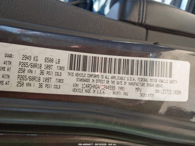 2015 Dodge Durango Sxt მანქანა იყიდება აუქციონზე, vin: 1C4RDHAG4FC244599, აუქციონის ნომერი: 46094517