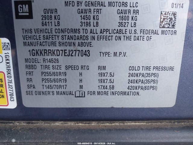 Продаж на аукціоні авто 2014 Gmc Acadia Slt-1, vin: 1GKKRRKD7EJ277043, номер лоту: 46094518