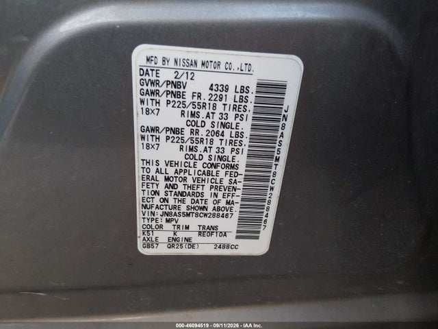 Продаж на аукціоні авто 2012 Nissan Rogue Sv W/sl Pkg, vin: JN8AS5MT8CW288467, номер лоту: 46094519