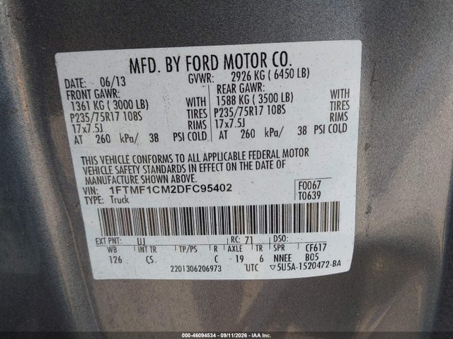 46094534 :رقم المزاد ، 1FTMF1CM2DFC95402 vin ، 2013 Ford F-150 Xl مزاد بيع