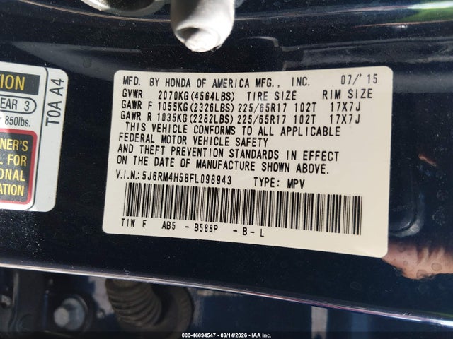 2015 Honda Cr-v Ex მანქანა იყიდება აუქციონზე, vin: 5J6RM4H58FL098943, აუქციონის ნომერი: 46094547