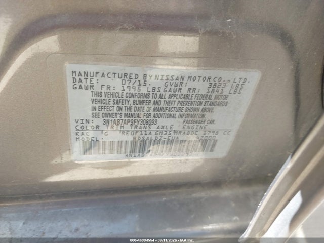 2015 Nissan Sentra Sv მანქანა იყიდება აუქციონზე, vin: 3N1AB7AP9FY308093, აუქციონის ნომერი: 46094554