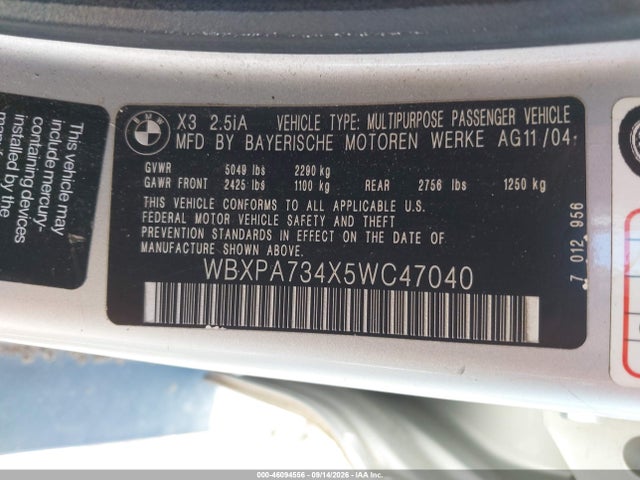 Aukcja sprzedaży 2005 Bmw X3 2.5i, vin: WBXPA734X5WC47040, numer aukcji: 46094556