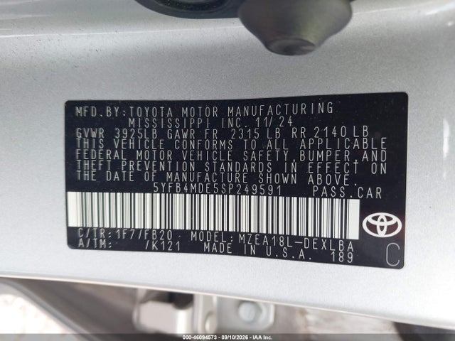 Aukcja sprzedaży 2025 Toyota Corolla Le, vin: 5YFB4MDE5SP249591, numer aukcji: 46094573