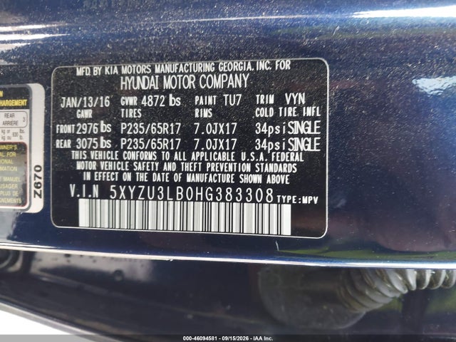 Продаж на аукціоні авто 2017 Hyundai Santa Fe Sport 2.4l, vin: 5XYZU3LB0HG383308, номер лоту: 46094581