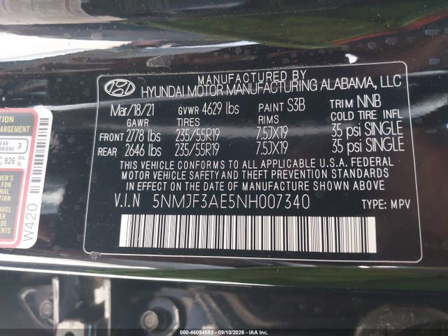 46094593 :رقم المزاد ، 5NMJF3AE5NH007340 vin ، 2022 Hyundai Tucson Sel مزاد بيع