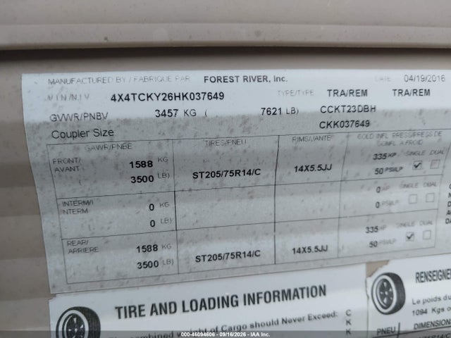 Продажа на аукционе авто 2017 Fores Cherok, vin: 4X4TCKY26HK037649, номер лота: 46094606