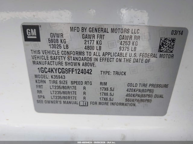 Продажа на аукционе авто 2015 Chevrolet Silverado 3500hd Wt, vin: 1GC4KYCG8FF124042, номер лота: 46094624