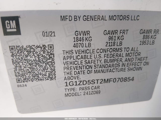 Продаж на аукціоні авто 2021 Chevrolet Malibu Fwd Lt, vin: 1G1ZD5ST2MF070854, номер лоту: 46094629