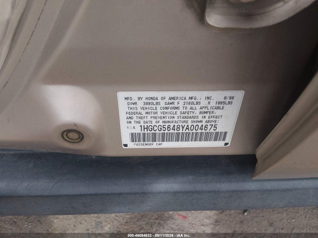 Aukcja sprzedaży 2000 Honda Accord 2.3 Lx, vin: 1HGCG5648YA004675, numer aukcji: 46094632