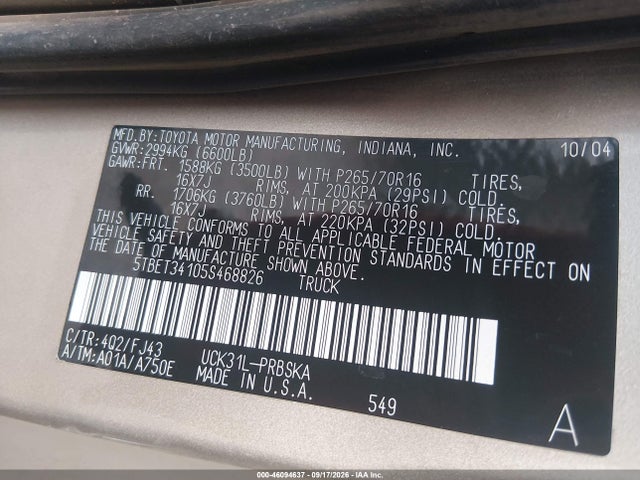 Продаж на аукціоні авто 2005 Toyota Tundra Double Cab Sr5, vin: 5TBET34105S468826, номер лоту: 46094637