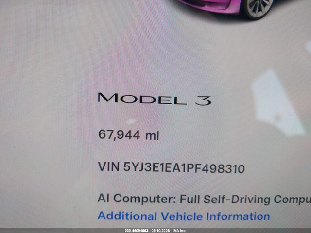 46094663 :رقم المزاد ، 5YJ3E1EA1PF498310 vin ، 2023 Tesla Model 3 Rear-wheel Drive مزاد بيع