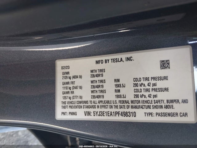 46094663 :رقم المزاد ، 5YJ3E1EA1PF498310 vin ، 2023 Tesla Model 3 Rear-wheel Drive مزاد بيع