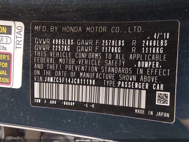 Aukcja sprzedaży 2018 Honda Clarity Plug-in Hybrid, vin: JHMZC5F14JC011190, numer aukcji: 46094664