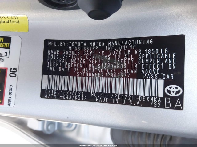 Toyota COROLLA LE 2018 5YFBURHE2JP803577 Image 9