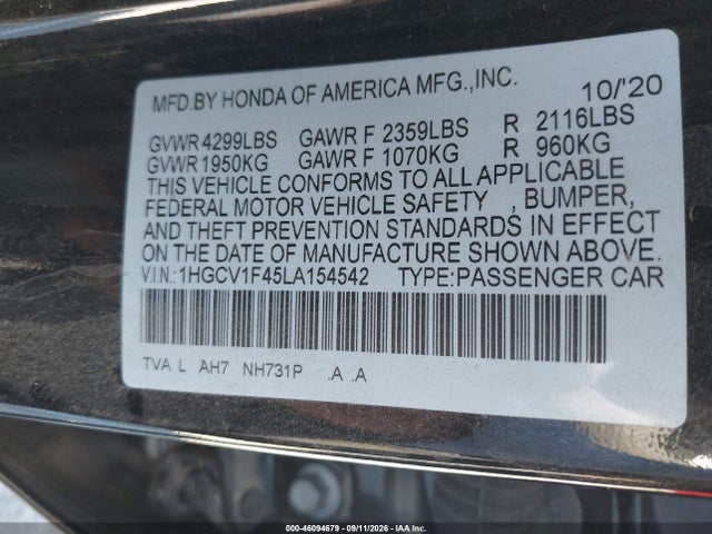 Продаж на аукціоні авто 2020 Honda Accord Ex, vin: 1HGCV1F45LA154542, номер лоту: 46094679