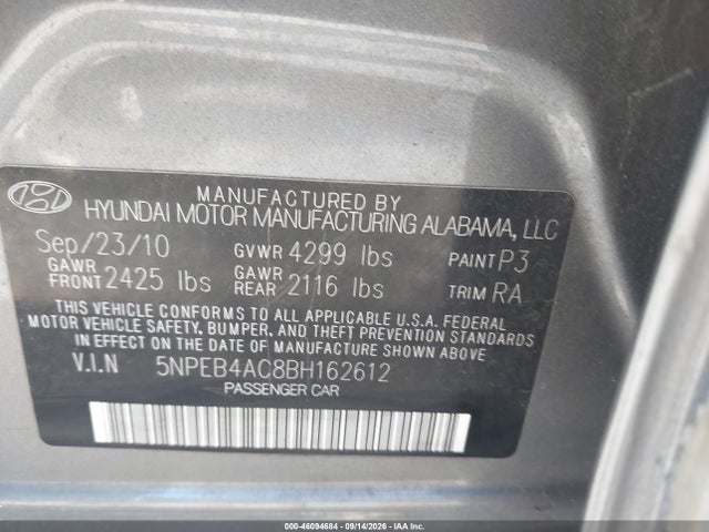 Продаж на аукціоні авто 2011 Hyundai Sonata Gls, vin: 5NPEB4AC8BH162612, номер лоту: 46094684
