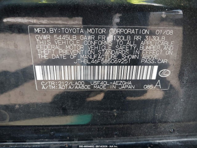 46094692 :رقم المزاد ، JTHBL46F585069251 vin ، 2008 Lexus Ls 460 مزاد بيع