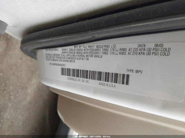 46094697 :رقم المزاد ، 4S4BP86C864303237 vin ، 2006 Subaru Outback 3.0r L.l. Bean Edition مزاد بيع