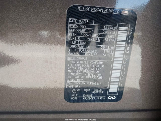 46094706 :رقم المزاد ، 3PCAJ5M1XKF105411 vin ، 2019 Infiniti Qx50 Essential مزاد بيع