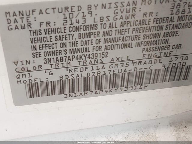 2019 Nissan Sentra Sv მანქანა იყიდება აუქციონზე, vin: 3N1AB7AP4KY439152, აუქციონის ნომერი: 46094722