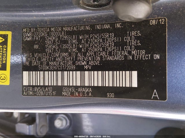 46094725 :رقم المزاد ، 5TDDK3EH7CS172099 vin ، 2012 Toyota Highlander Limited V6 مزاد بيع