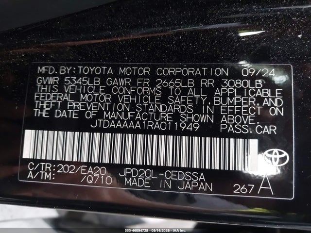2024 Toyota Mirai Xle მანქანა იყიდება აუქციონზე, vin: JTDAAAAA1RA011949, აუქციონის ნომერი: 46094728