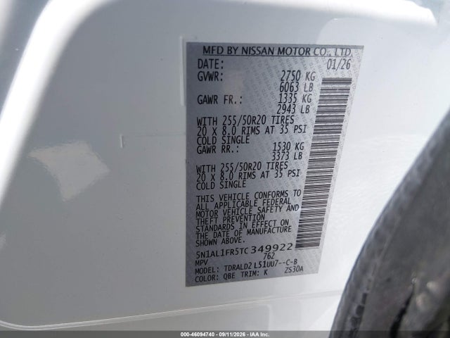 Aukcja sprzedaży 2026 Infiniti Qx60 Luxe, vin: 5N1AL1FR5TC349922, numer aukcji: 46094740
