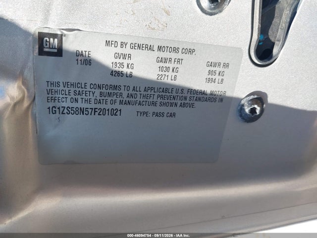 46094754 :رقم المزاد ، 1G1ZS58N57F201021 vin ، 2007 Chevrolet Malibu Ls مزاد بيع