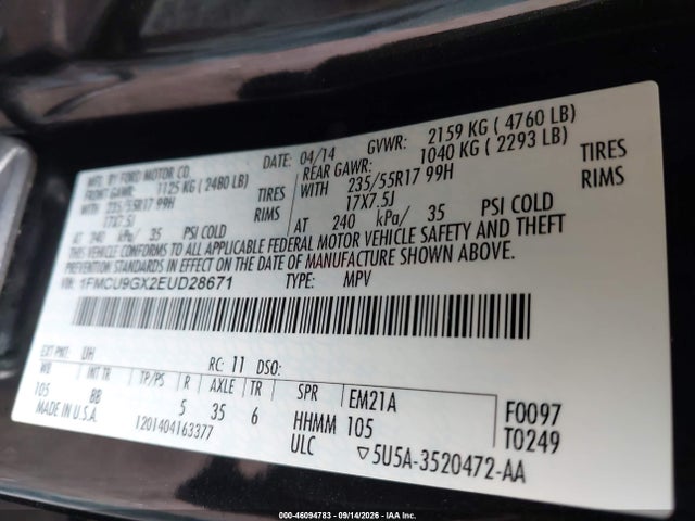 2014 Ford Escape Se მანქანა იყიდება აუქციონზე, vin: 1FMCU9GX2EUD28671, აუქციონის ნომერი: 46094783
