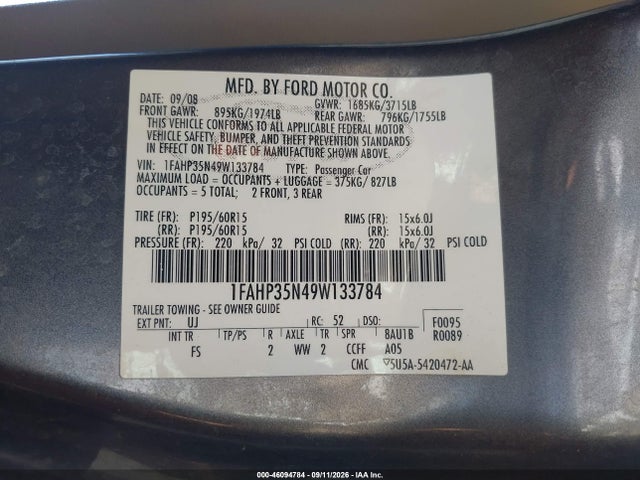 2009 Ford Focus Se მანქანა იყიდება აუქციონზე, vin: 1FAHP35N49W133784, აუქციონის ნომერი: 46094784