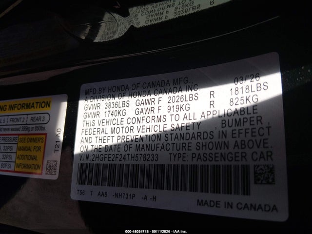 Honda Civic Lx 2026 2HGFE2F24TH578233 Image 9