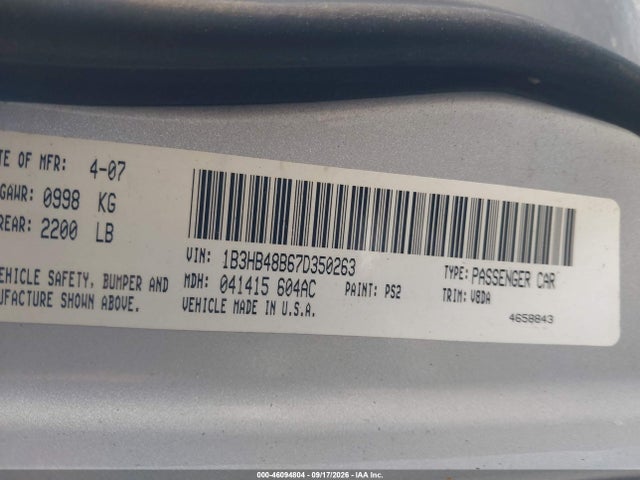 2007 Dodge Caliber Sxt მანქანა იყიდება აუქციონზე, vin: 1B3HB48B67D350263, აუქციონის ნომერი: 46094804