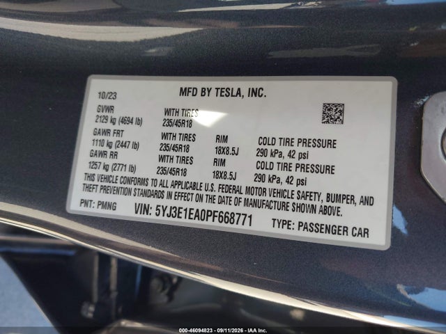 Aukcja sprzedaży 2023 Tesla Model 3 Rear-wheel Drive, vin: 5YJ3E1EA0PF668771, numer aukcji: 46094823