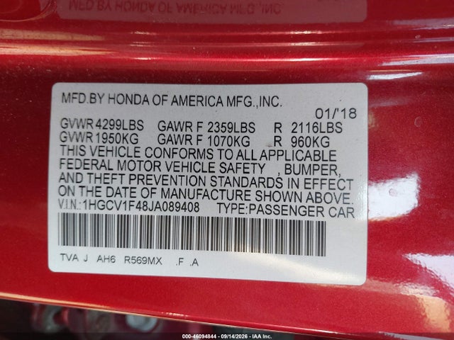 Продаж на аукціоні авто 2018 Honda Accord Ex, vin: 1HGCV1F48JA089408, номер лоту: 46094844