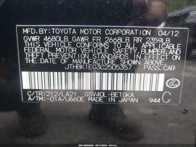 46094846 :رقم المزاد ، JTHBK1EG3C2505357 vin ، 2012 Lexus Es 350 مزاد بيع