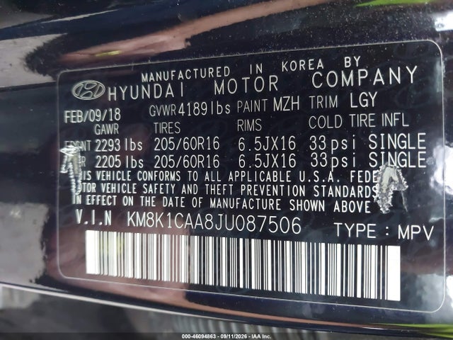 Продажа на аукционе авто 2018 Hyundai Kona Se, vin: KM8K1CAA8JU087506, номер лота: 46094863