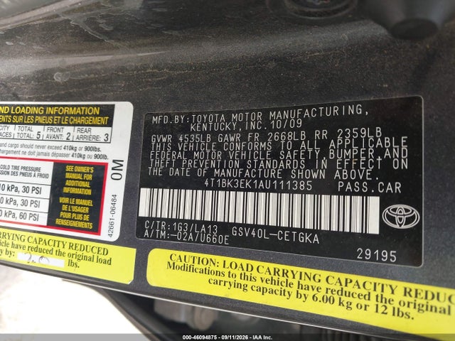 46094875 :رقم المزاد ، 4T1BK3EK1AU111385 vin ، 2010 Toyota Camry Xle V6 مزاد بيع