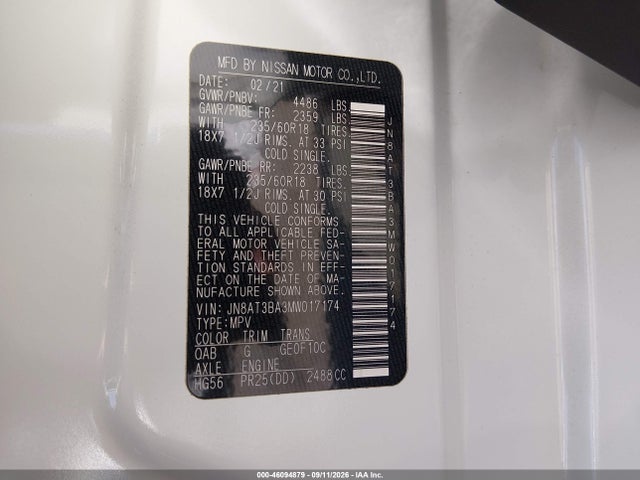 2021 Nissan Rogue Sv Fwd მანქანა იყიდება აუქციონზე, vin: JN8AT3BA3MW017174, აუქციონის ნომერი: 46094879